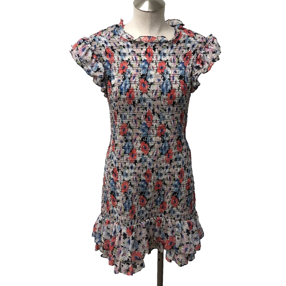 Veronica Beard Smocked Mini Dress Womens Small‎ Floral Flutter Sleeve Party